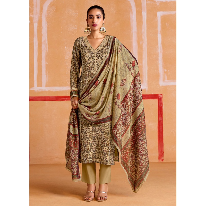Beige Pure Muslin Embroidered Pakistani Style Suit