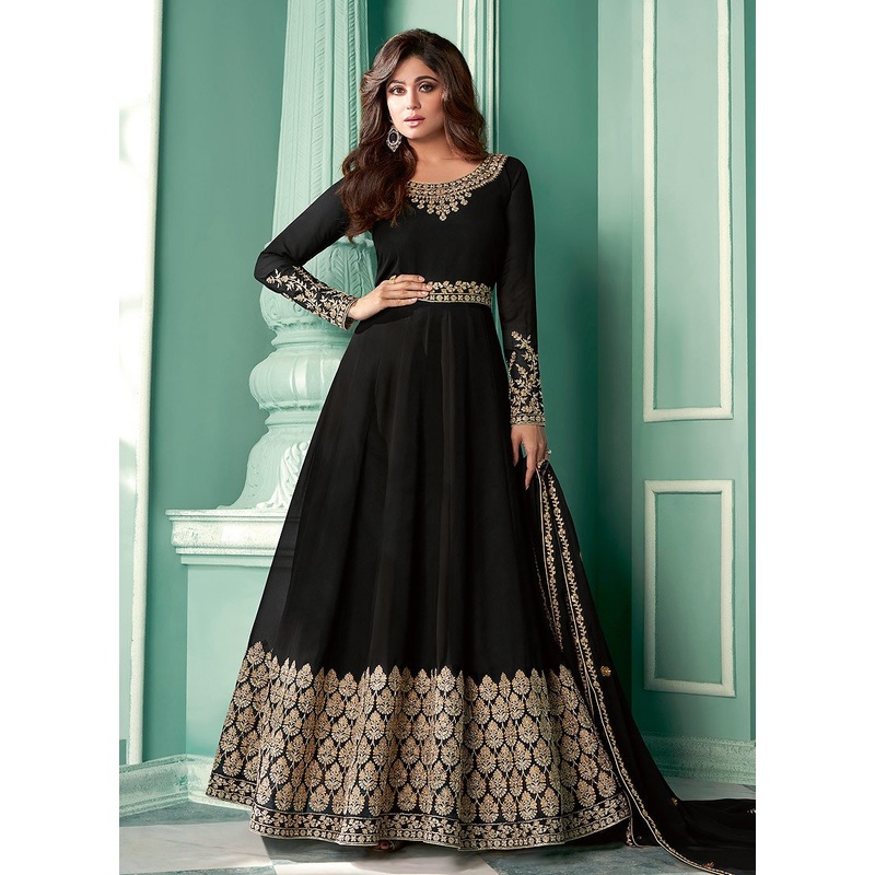 Black Embroidered Shamita Shetty Georgette Anarkali Suit