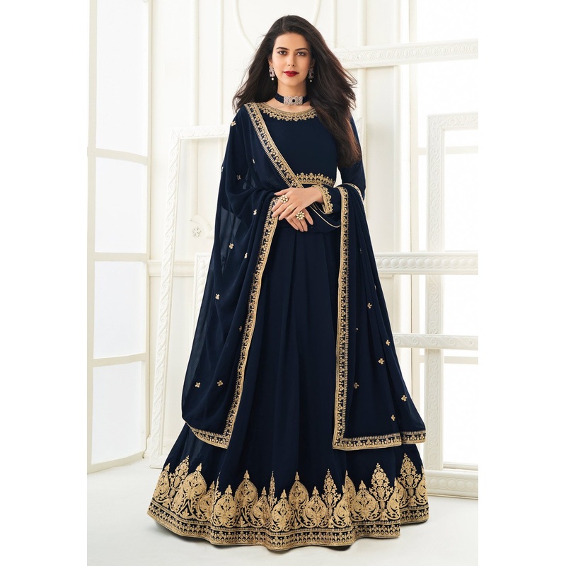 Blue Faux Georgette Embroidered Anarkali Suit