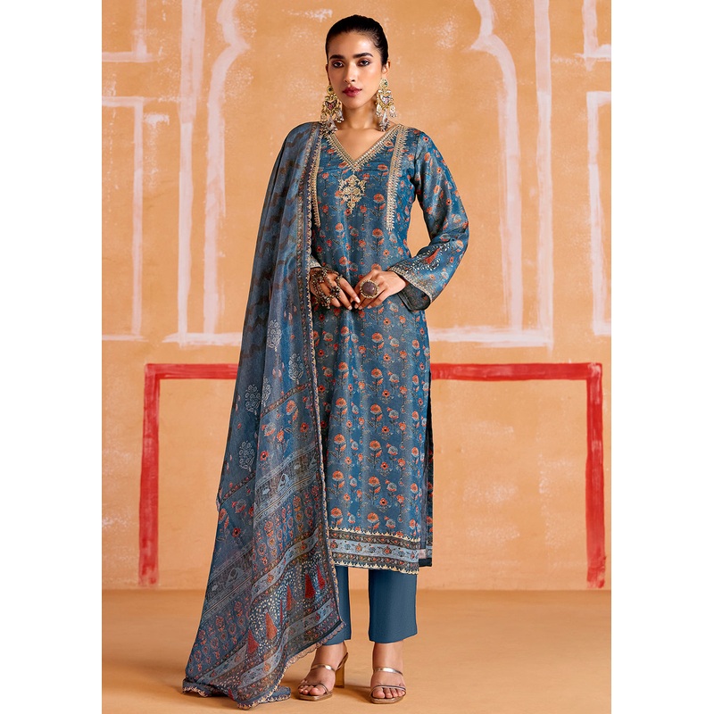 Blue Pure Muslin Embroidered Pakistani Style Suit