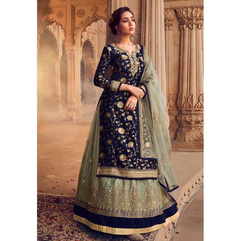 Blue Zari Embroidered Lehenga Style Suit