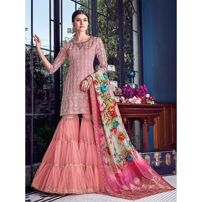 Blush Pink Lucknowi Embroidered Pakistani Style Gharara Suit