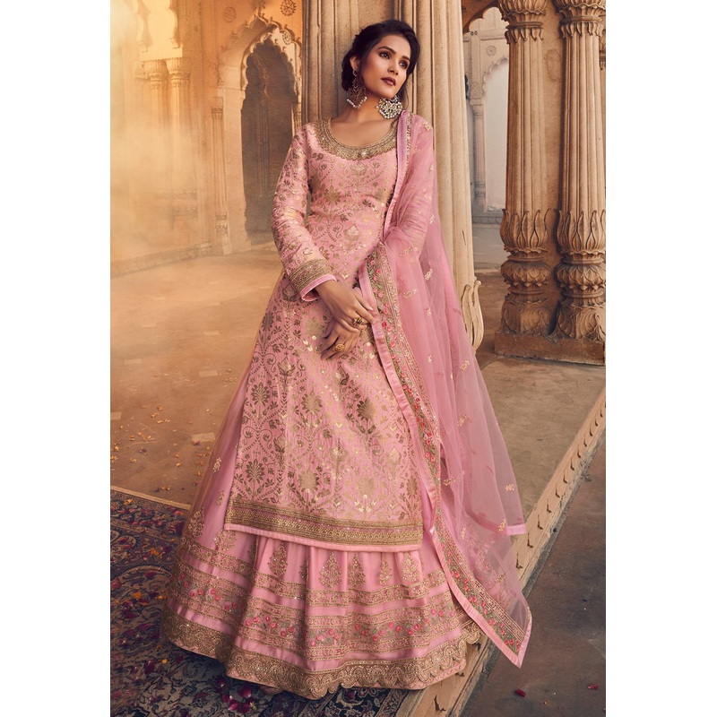 Blush Pink Zari Embroidered Lehenga Style Suit