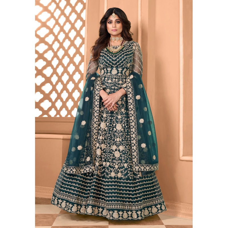Captivating Teal Shamita Shetty Net Floor Length Anarkali Suit
