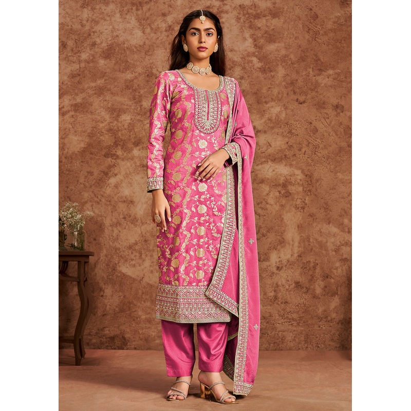 Cherry Pink Dola Silk Jacquard Festive Salwar Kameez