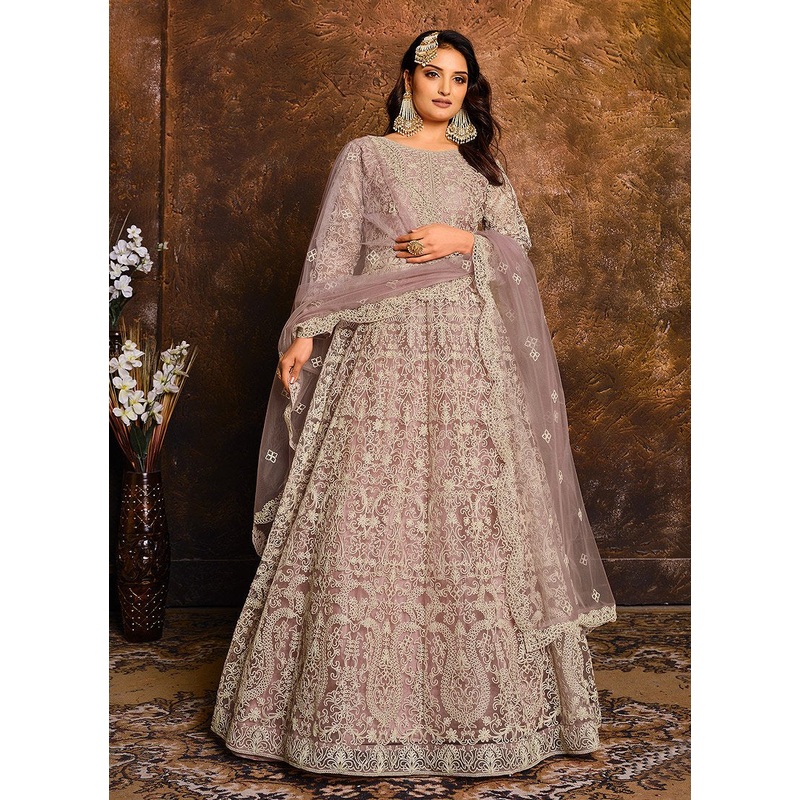 Cloudy Lavender Embroidered Net Bridal Anarkali Suit