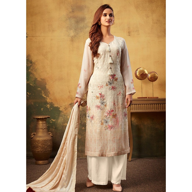 Cream Embroidered Bamber Georgette Palazzo Suit