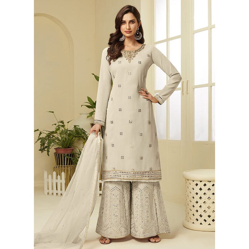 Cream Embroidered Faux Georgette Gota Work Sharara Suit
