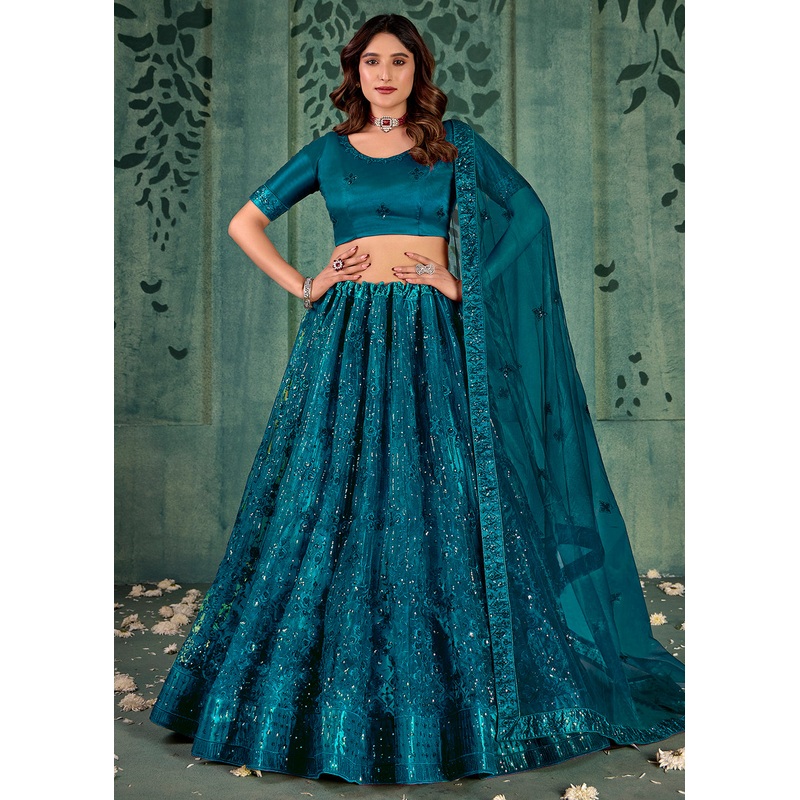 Crystal Teal Sequins Embroidered Net Lehenga Choli
