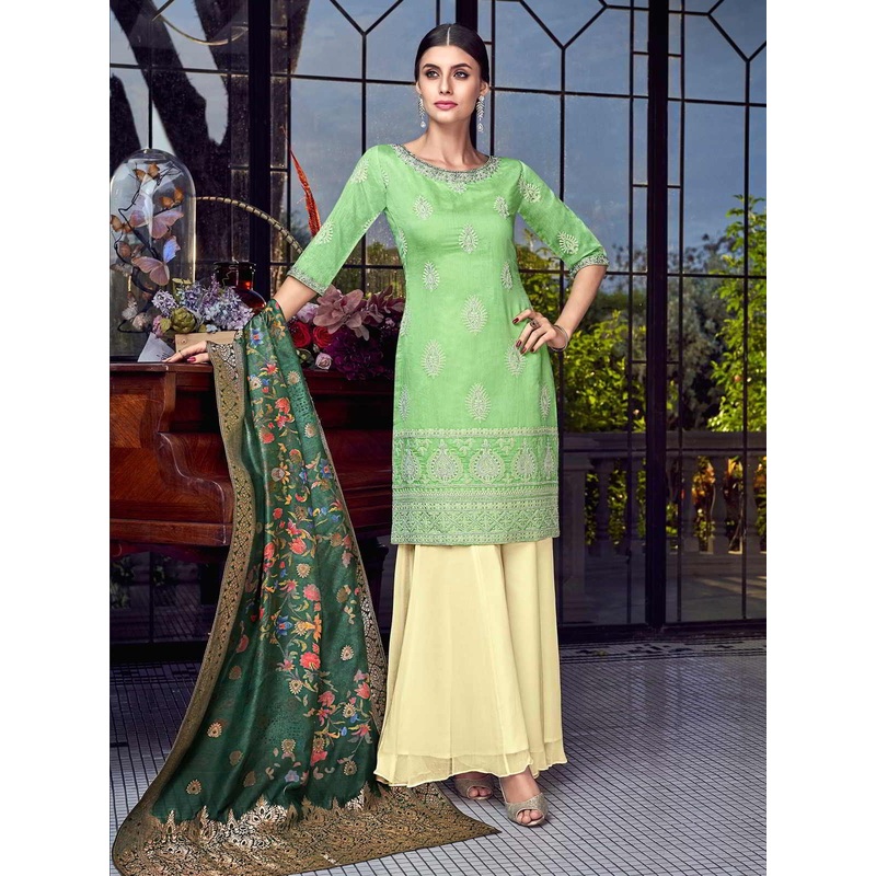 Cute Green Lucknowi Embroidered Pakistani Style Palazzo Suit