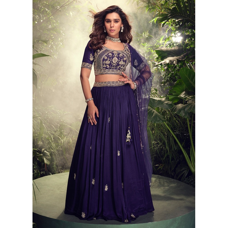 Designer Blue Chinnon Silk Party Wear Lehenga Choli