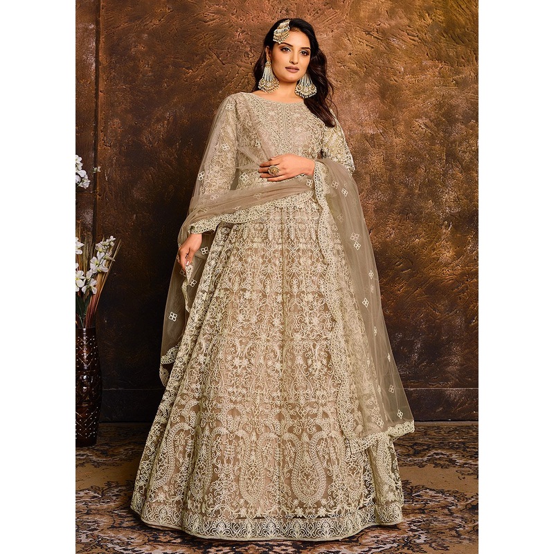 Dusty Beige Embroidered Net Bridal Anarkali Suit