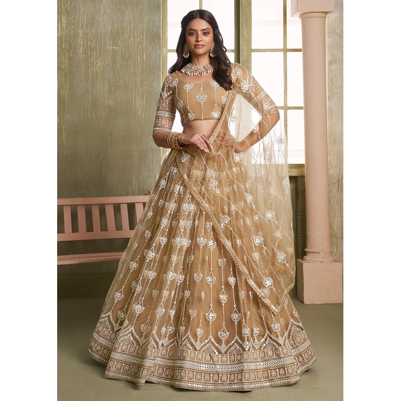 Enchanting Beige Net Wedding Festive Lehenga Choli
