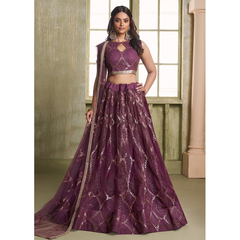 Enchanting Wine Net Wedding Festive Lehenga Choli