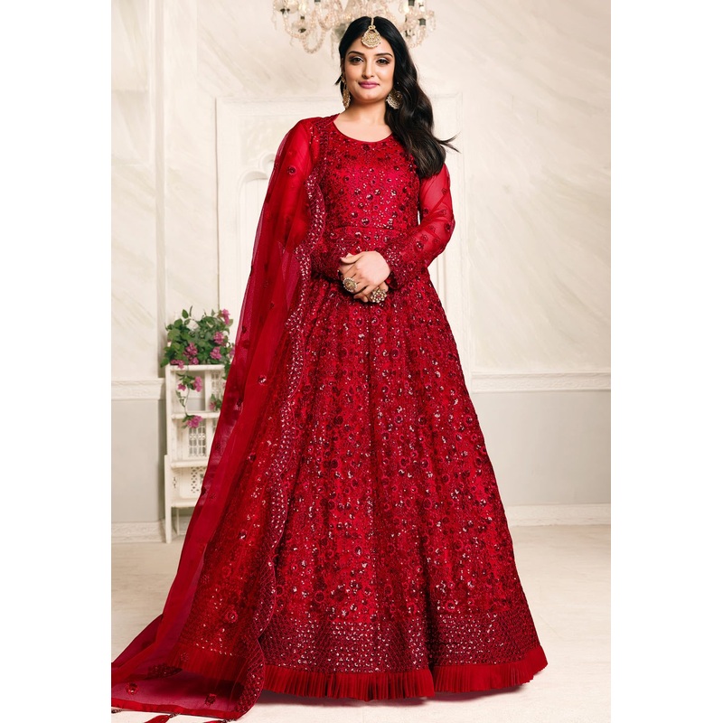 Engaging Red Net Embroidered Abaya Style Anarkali Suit