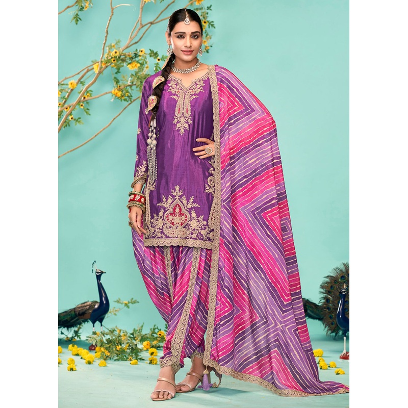 Enticing Purple Heavy Chinnon Tulip Style Dhoti Suit