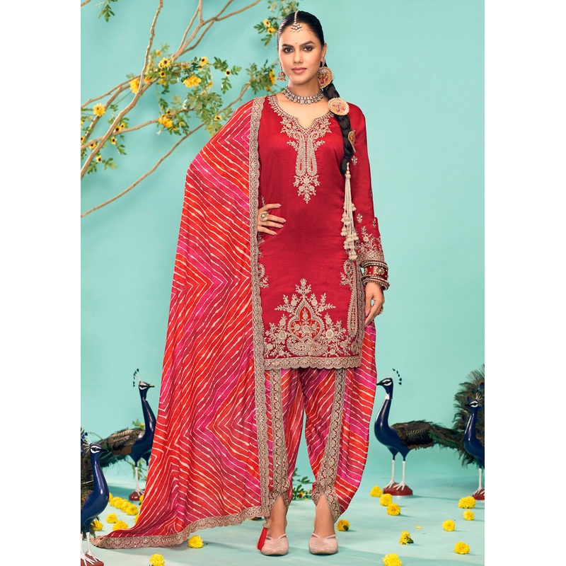 Enticing Red Heavy Chinnon Tulip Style Dhoti Suit