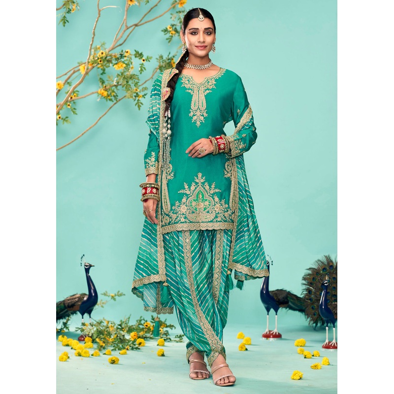 Enticing Teal Heavy Chinnon Tulip Style Dhoti Suit