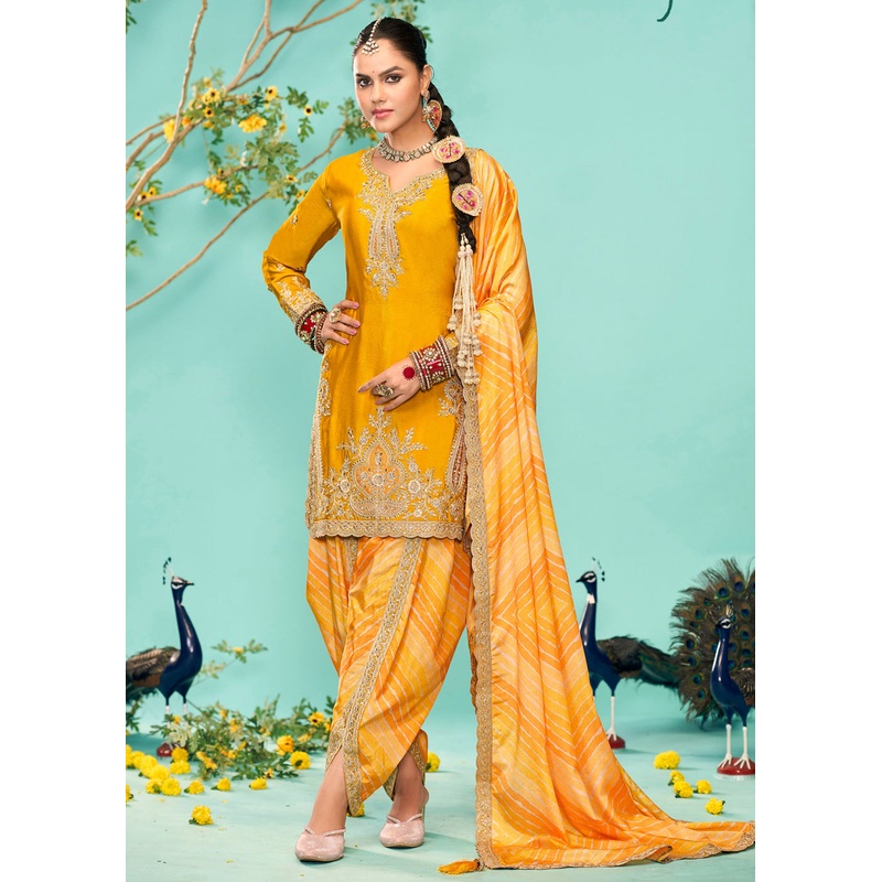 Enticing Yellow Heavy Chinnon Tulip Style Dhoti Suit