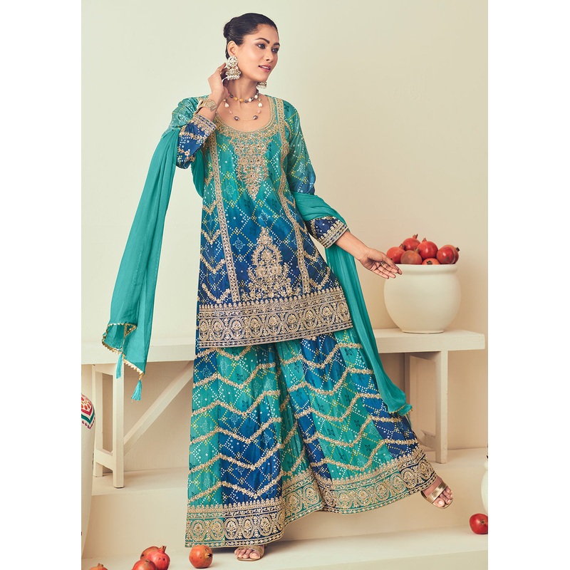 Firozi Blue Heavy Embroidered Designer Palazzo Dress