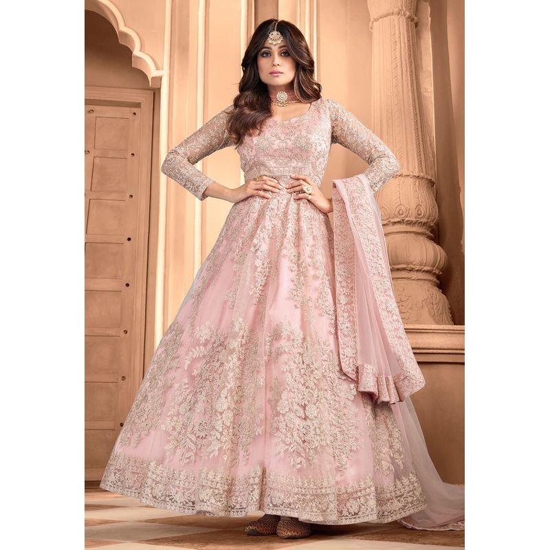 Flamingo Pink Shamita Shetty Net Floor Length Anarkali Suit