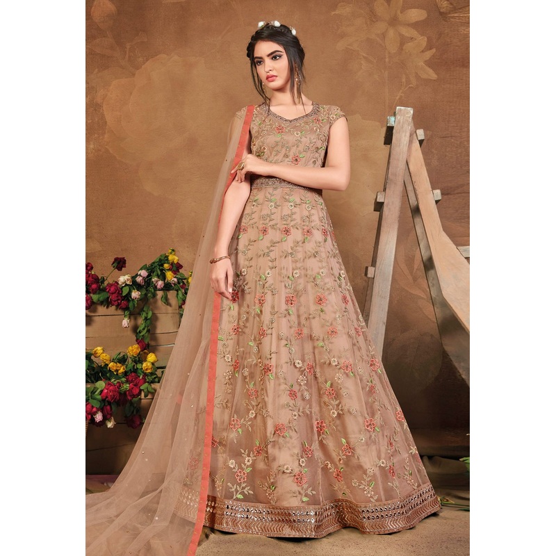 Flawless Beige Net Embroidered Floor Length Anarkali Suit