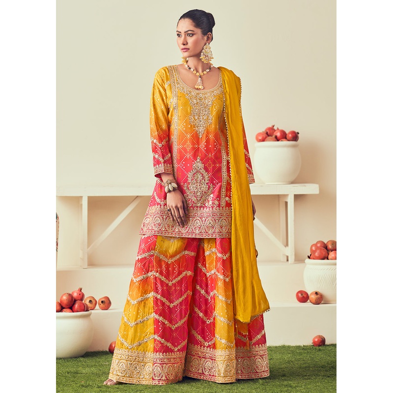 Golden Yellow Heavy Embroidered Designer Palazzo Dress