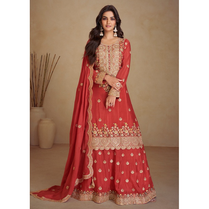 Gorgeous Red Chinnon Sangeet Wear Palazzo Suit