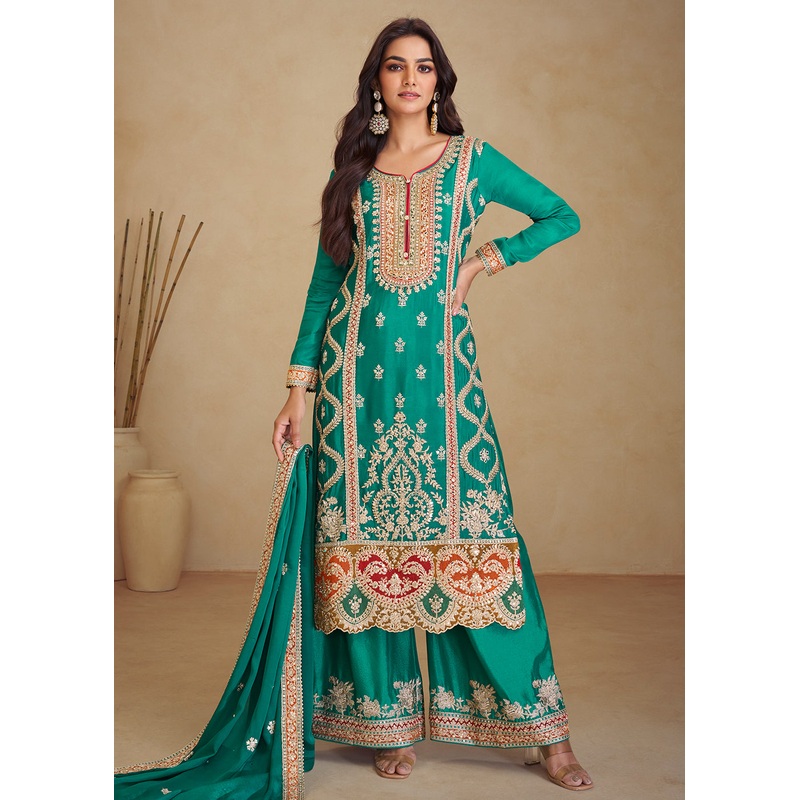 Gorgeous Teal Chinnon Mehndi Wear Palazzo Suit