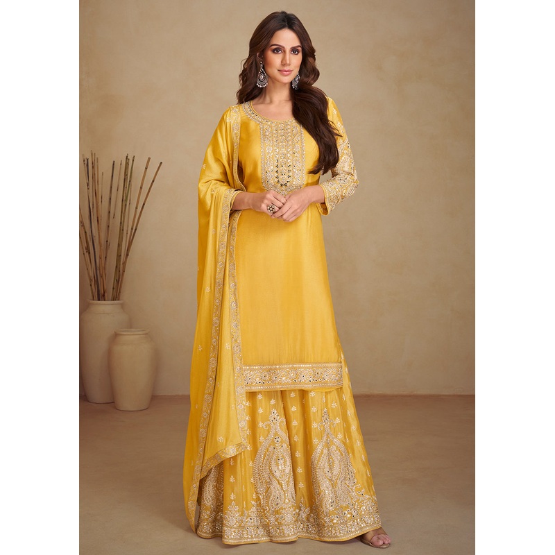 Gorgeous Yellow Chinnon Haldi Wear Palazzo Suit