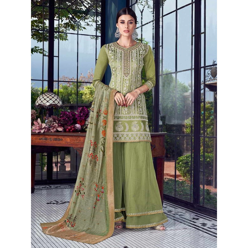 Graceful Green Lucknowi Embroidered Pakistani Style Palazzo Suit
