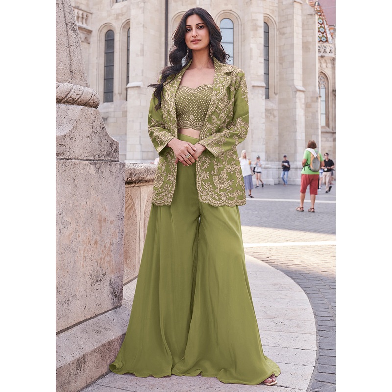 Green Embroidered Jacket Style Indo Western Suit