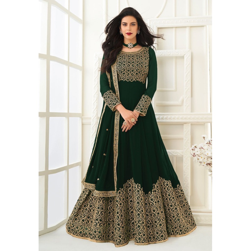 Green Faux Georgette Embroidered Anarkali Suit