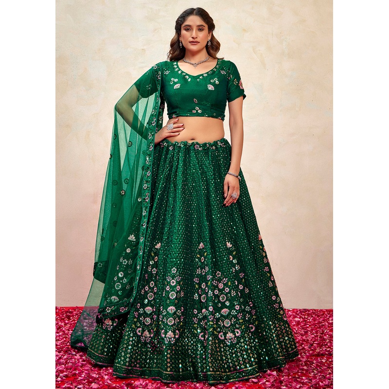 Green Fendy Silk Embroidered Party Wear Lehenga Choli