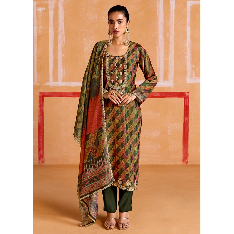 Green Pure Muslin Embroidered Pakistani Style Suit
