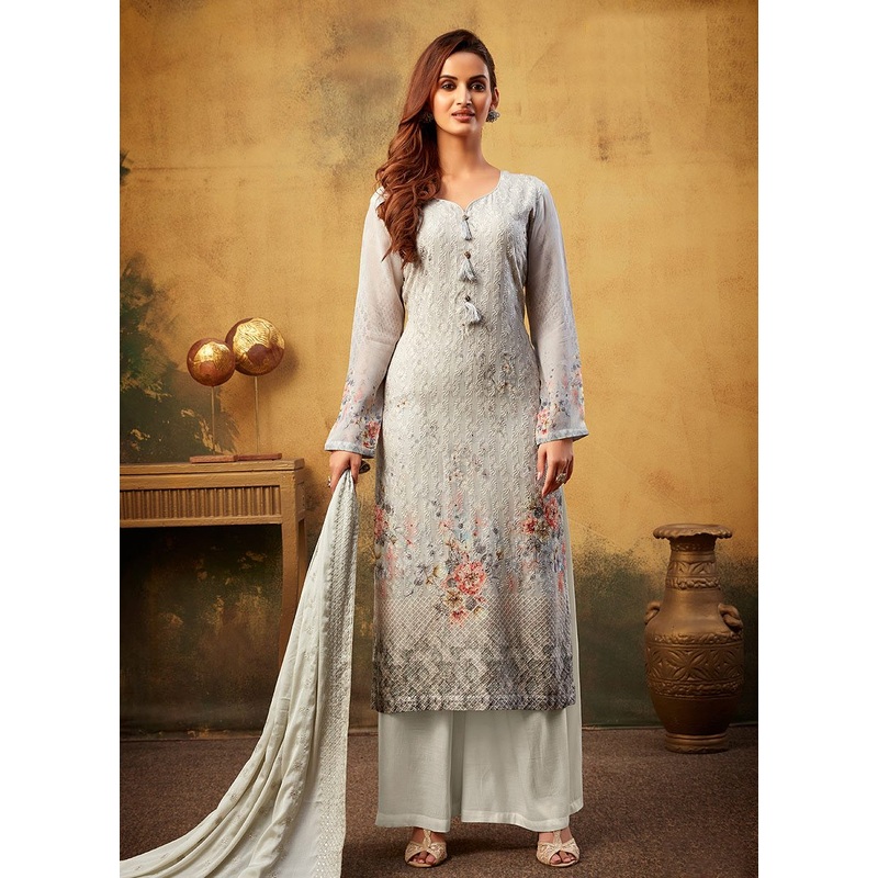 Grey Embroidered Bamber Georgette Palazzo Suit