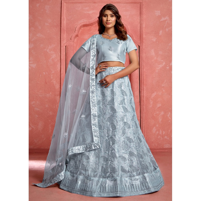 Grey Floral Embroidered Wedding Festive Lehenga Choli