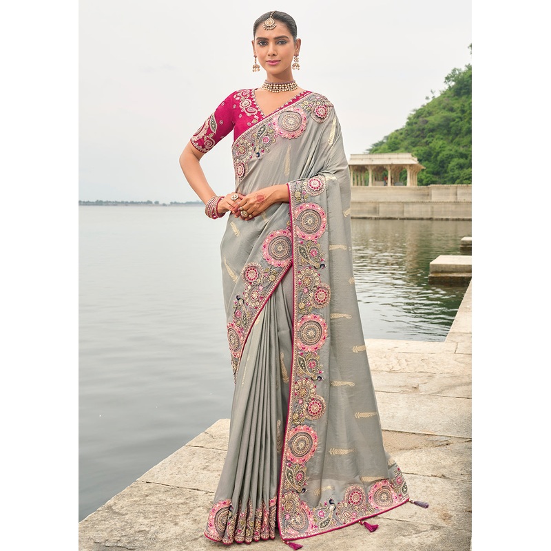Grey Magenta Viscose Tissue Silk Designer Saree