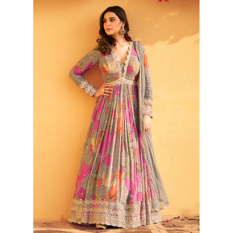Grey Multi Embroidered Wedding Festive Anarkali Gown
