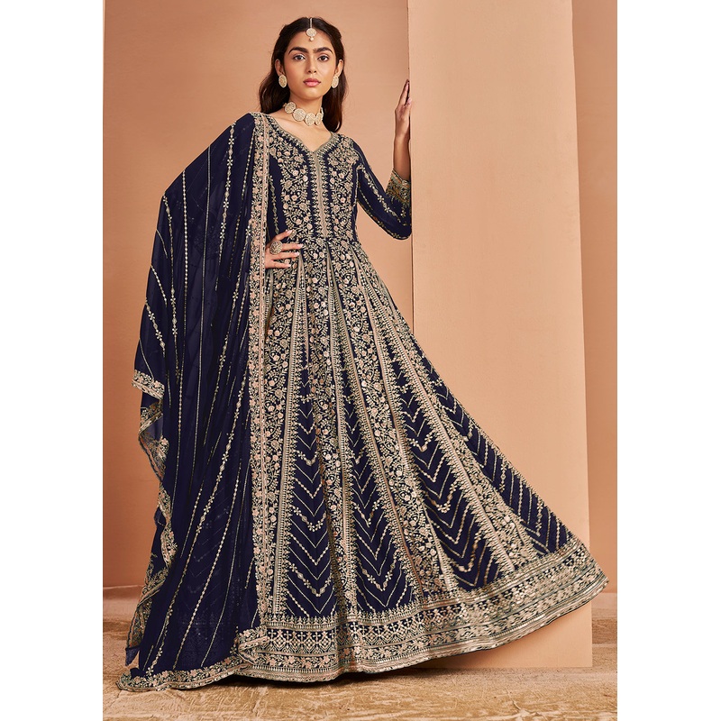 Heavy Embroidered Blue Georgette Wedding Anarkali Suit