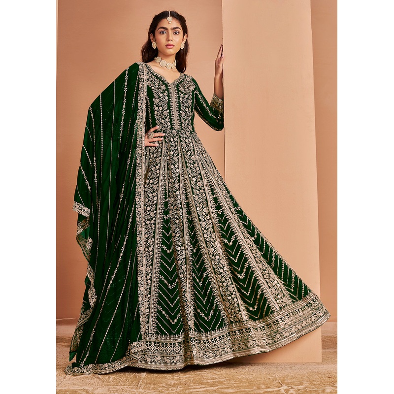 Heavy Embroidered Green Georgette Wedding Anarkali Suit