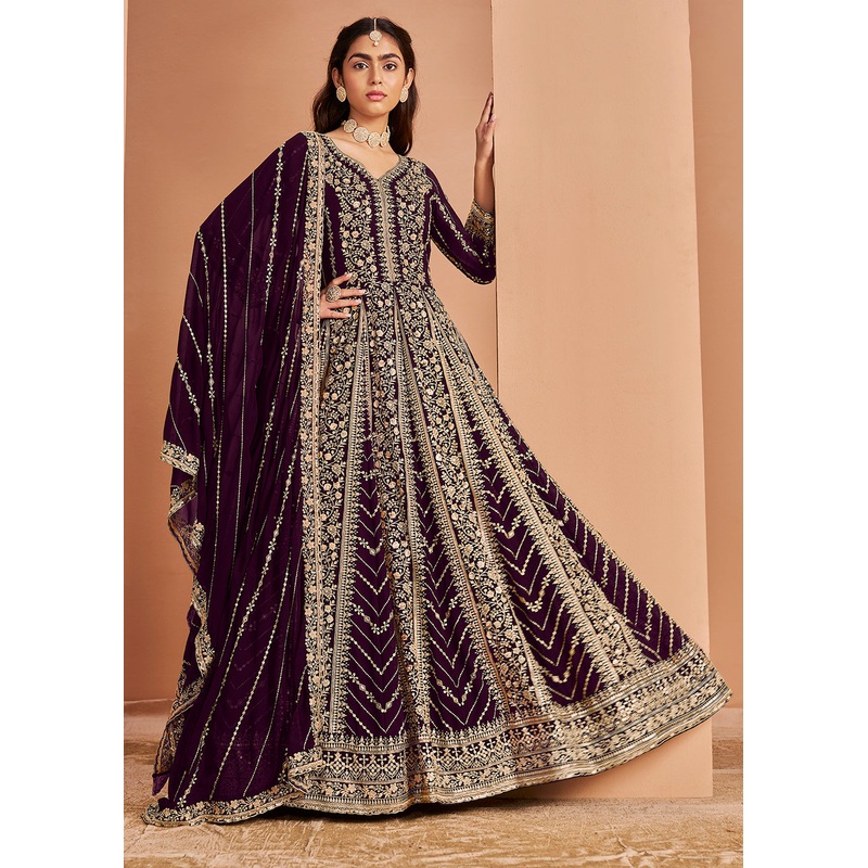 Heavy Embroidered Wine Georgette Wedding Anarkali Suit