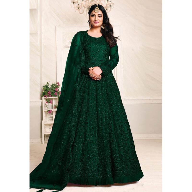 Intriguing Green Net Embroidered Abaya Style Anarkali Suit