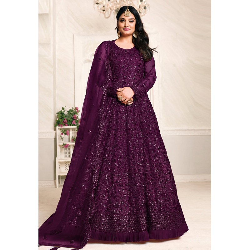 Inviting Purple Net Embroidered Abaya Style Anarkali Suit