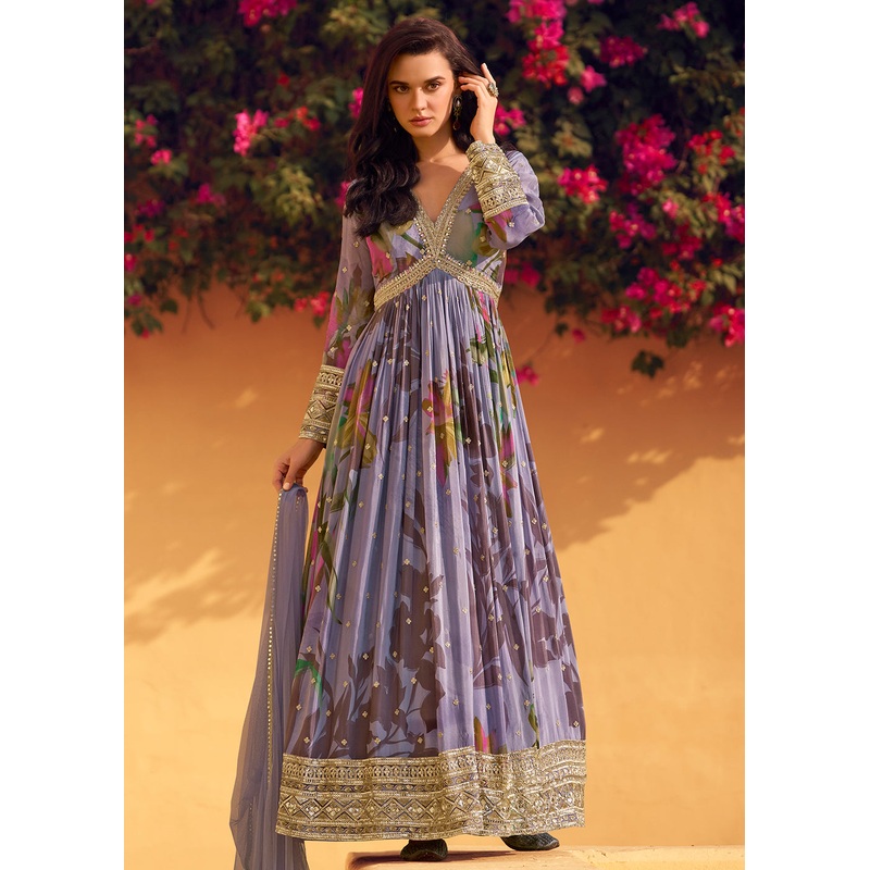 Lavender Multi Embroidered Wedding Festive Anarkali Gown