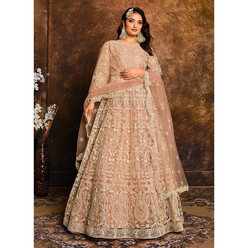Light Peach Embroidered Net Bridal Anarkali Suit
