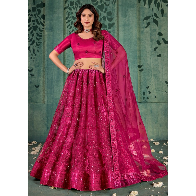 Magenta Pink Sequins Embroidered Net Lehenga Choli