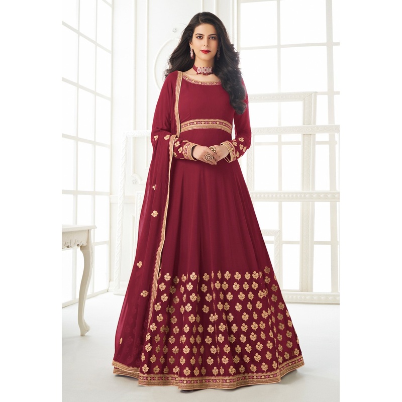 Maroon Faux Georgette Embroidered Anarkali Suit