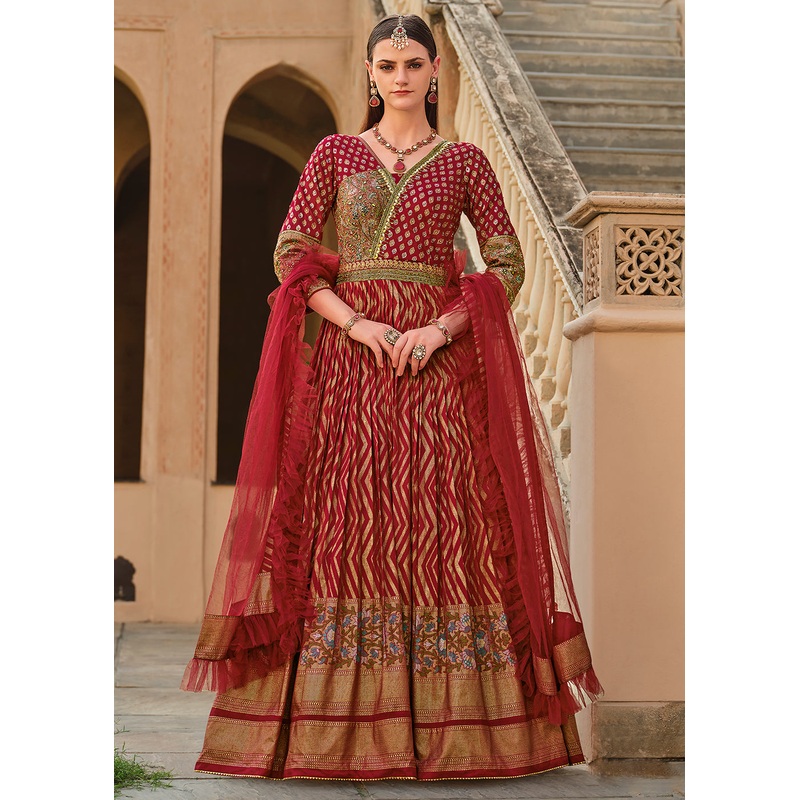 Maroon Silk Foil Printed & Embroidered Traditional Gown
