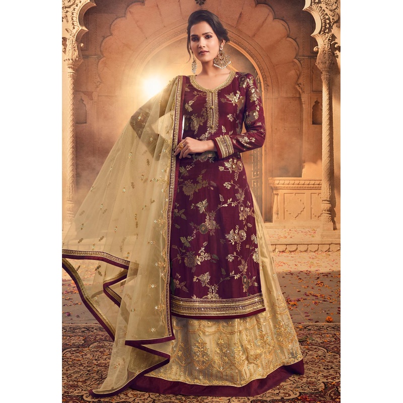 Maroon Zari Embroidered Lehenga Style Suit